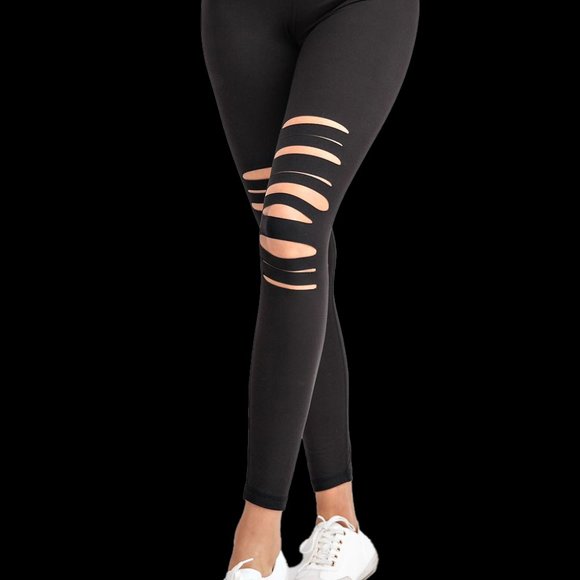 Ripped Cut-out Leggings for Women, Wide Waisted Yoga Pants, Tummy Control - Picture 3 of 9